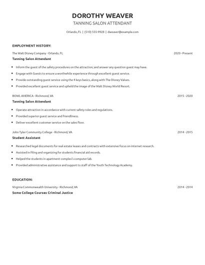 Tanning Salon Attendant Resume