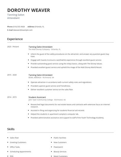 Tanning Salon Attendant Resume