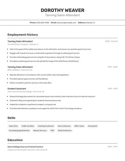Tanning Salon Attendant Resume