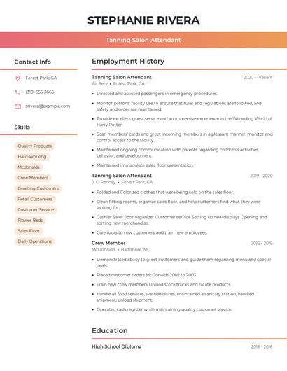 Tanning Salon Attendant Resume
