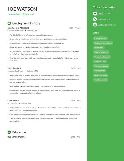 Tanning Salon Attendant Resume