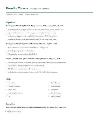 Tanning Salon Attendant Resume