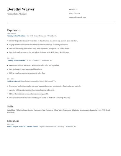 Tanning Salon Attendant Resume