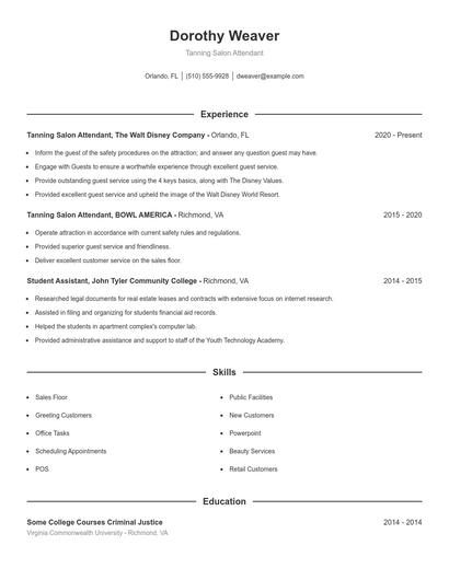 Tanning Salon Attendant Resume