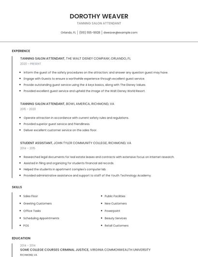 Tanning Salon Attendant Resume