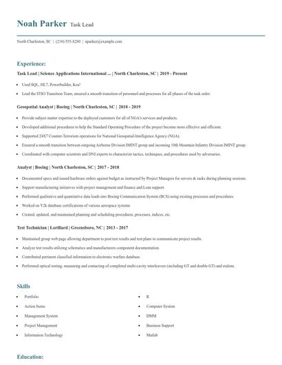 Task Lead Resume