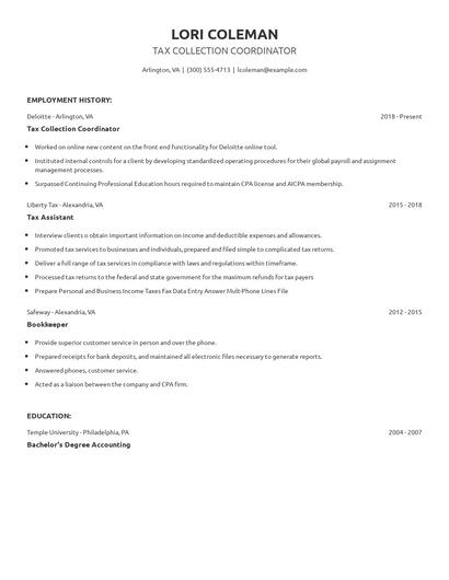 Tax Collection Coordinator Resume