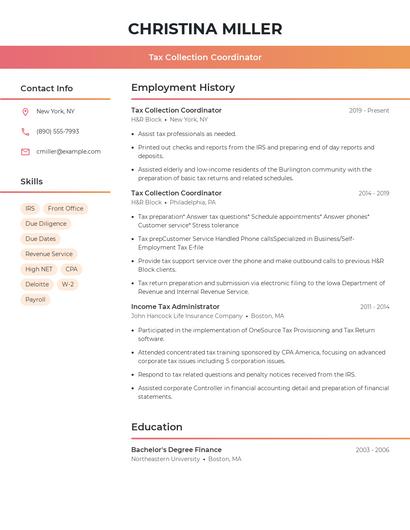 Tax Collection Coordinator Resume