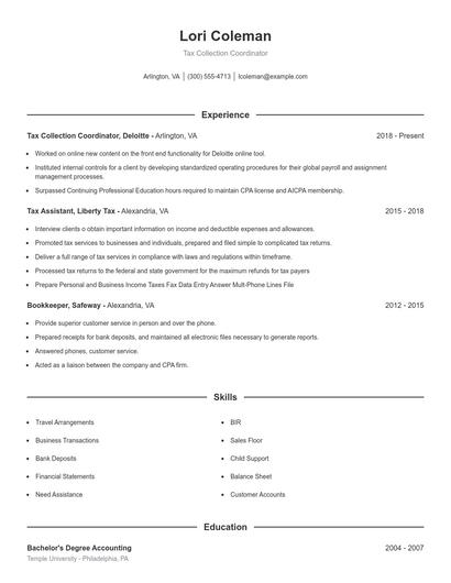 Tax Collection Coordinator Resume