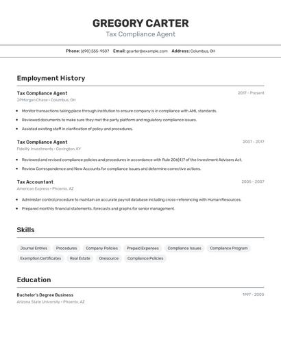 Tax Compliance Agent Resume