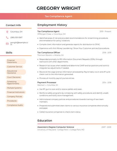 Tax Compliance Agent Resume