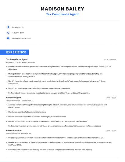 Tax Compliance Agent Resume