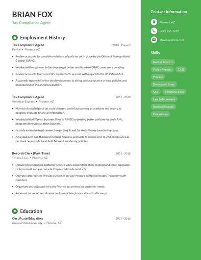 Tax Compliance Agent Resume