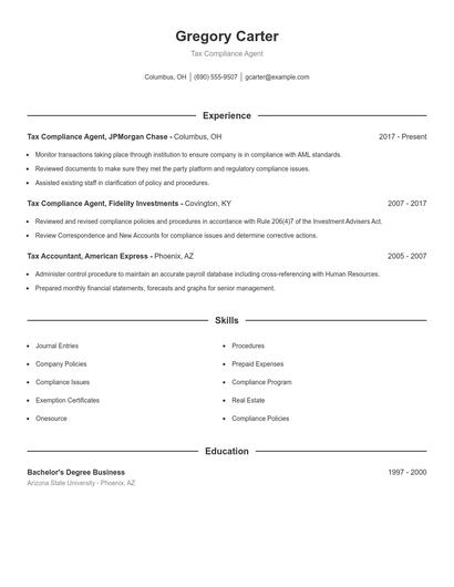 Tax Compliance Agent Resume