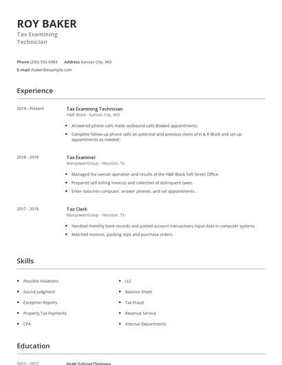 Tax Examining Technician Resume