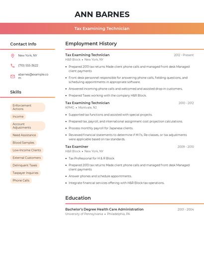 Tax Examining Technician Resume