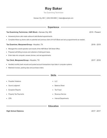 Tax Examining Technician Resume