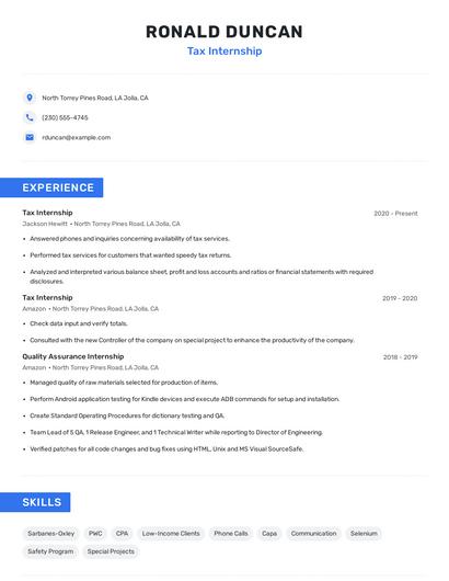 Tax Internship Resume