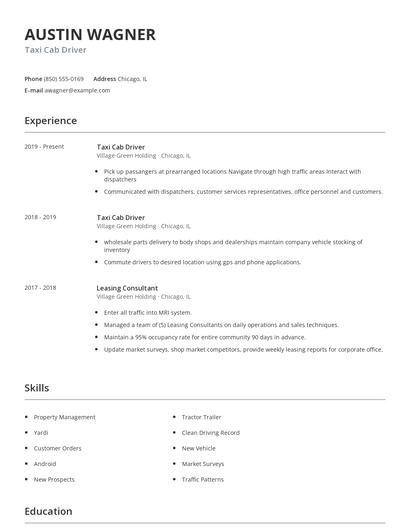 Taxi Cab Driver Resume