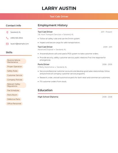 Taxi Cab Driver Resume