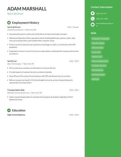 Taxi Cab Driver Resume