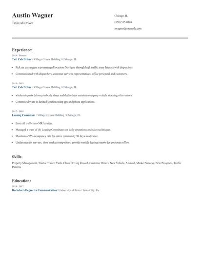 Taxi Cab Driver Resume