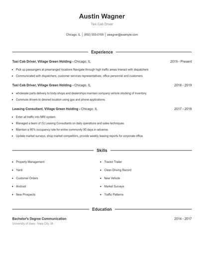 Taxi Cab Driver Resume