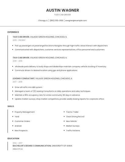 Taxi Cab Driver Resume