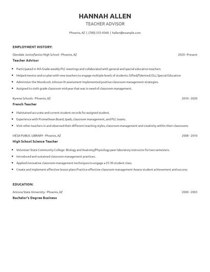 Teacher Advisor Resume