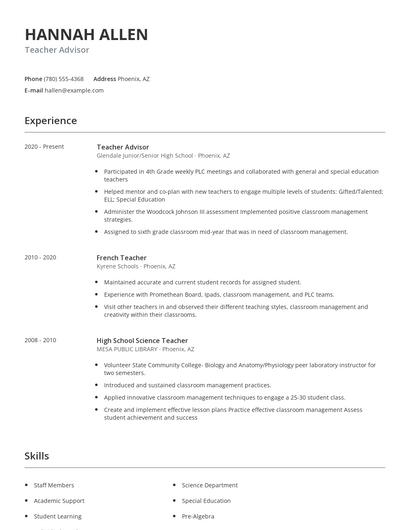 Teacher Advisor Resume