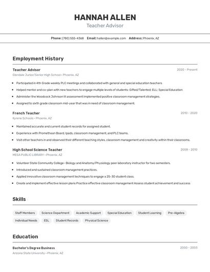 Teacher Advisor Resume