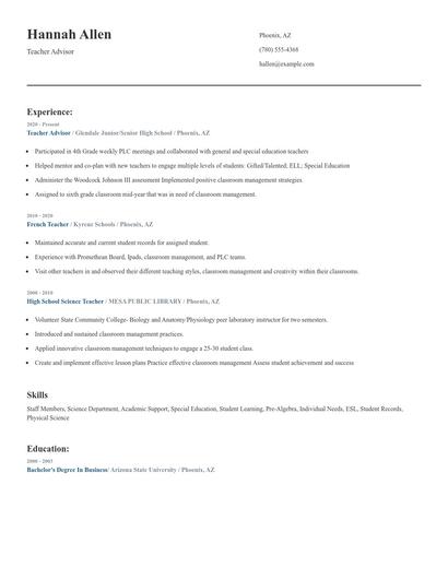 Teacher Advisor Resume
