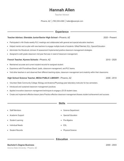 Teacher Advisor Resume