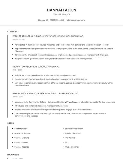 Teacher Advisor Resume