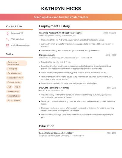 Teaching Assistant And Substitute Teacher Resume