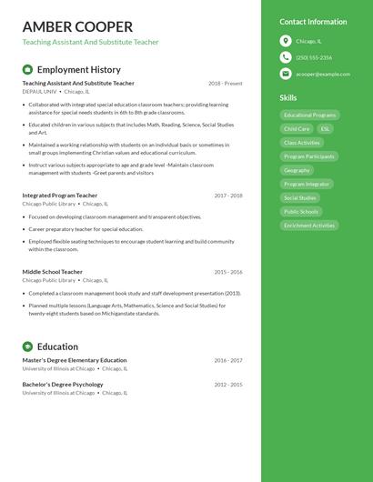 Teaching Assistant And Substitute Teacher Resume