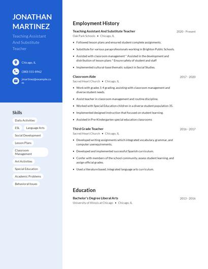 Teaching Assistant And Substitute Teacher Resume