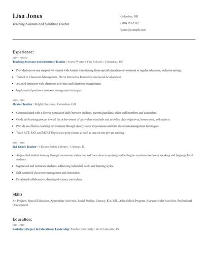 Teaching Assistant And Substitute Teacher Resume