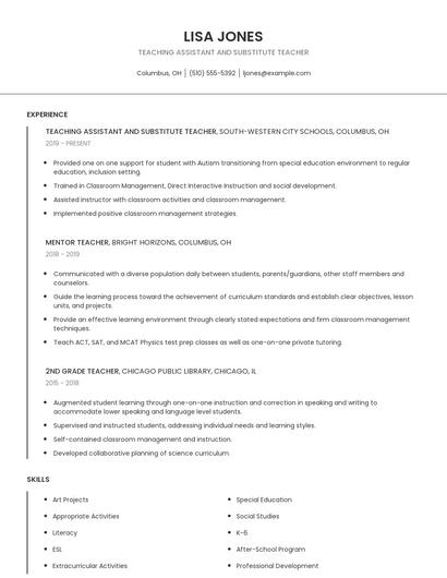 Teaching Assistant And Substitute Teacher Resume