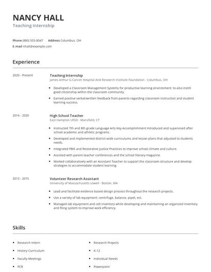 Teaching Internship Resume