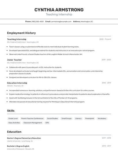 Teaching Internship Resume