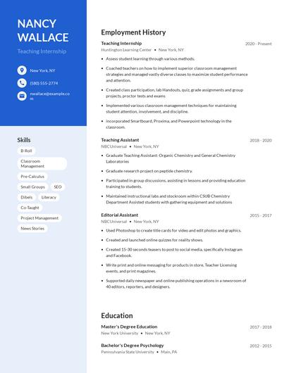 Teaching Internship Resume