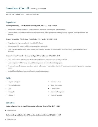 Teaching Internship Resume