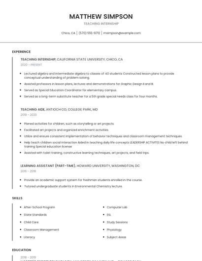 Teaching Internship Resume