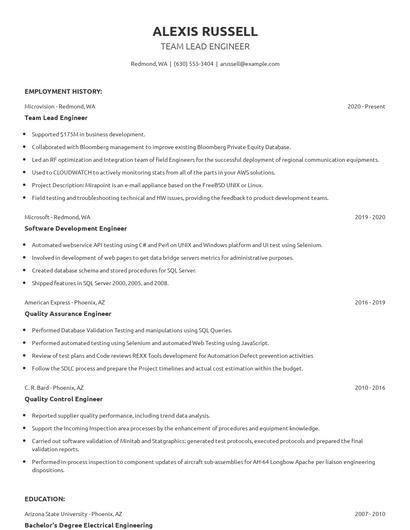 Team Lead Engineer Resume