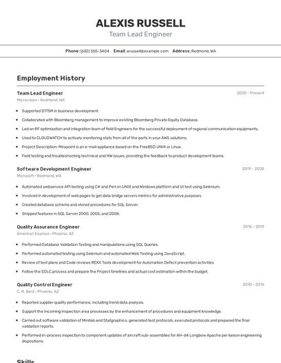 Team Lead Engineer Resume