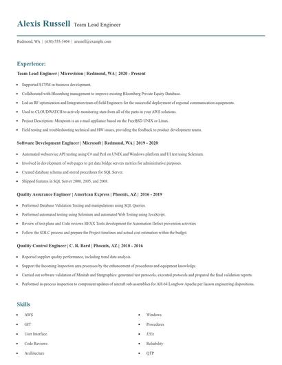 Team Lead Engineer Resume
