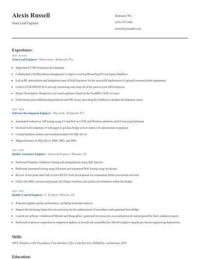 Team Lead Engineer Resume