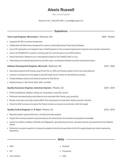 Team Lead Engineer Resume