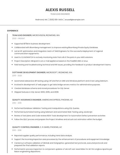 Team Lead Engineer Resume